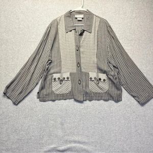 Vintage Saint Germain Button Up Blouse Gray Black Pinstriped Size Women’s M‎